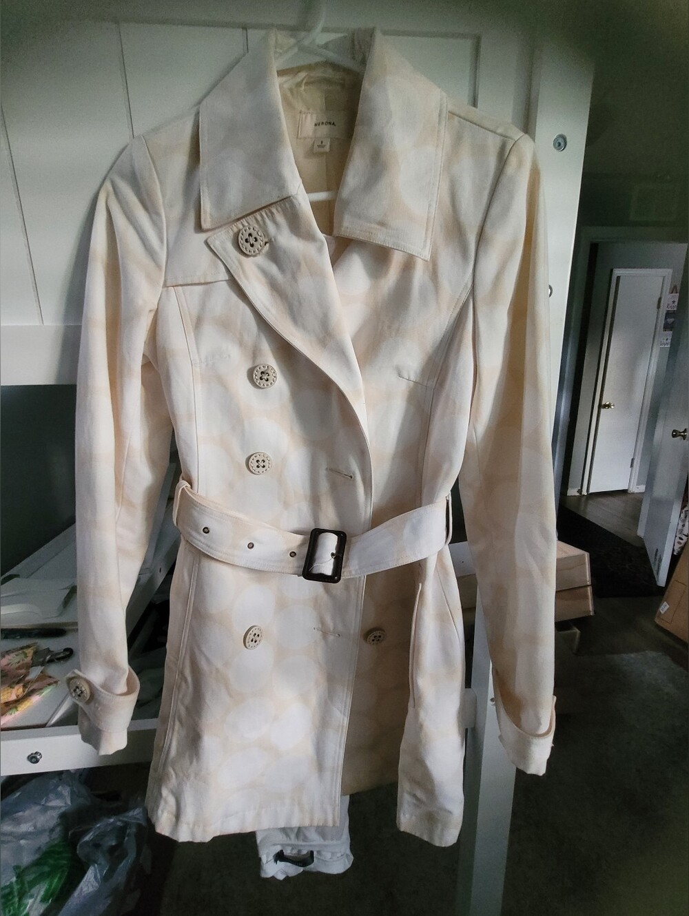 Merona Cream Patterned Double-Breasted Trench Coat with Belt